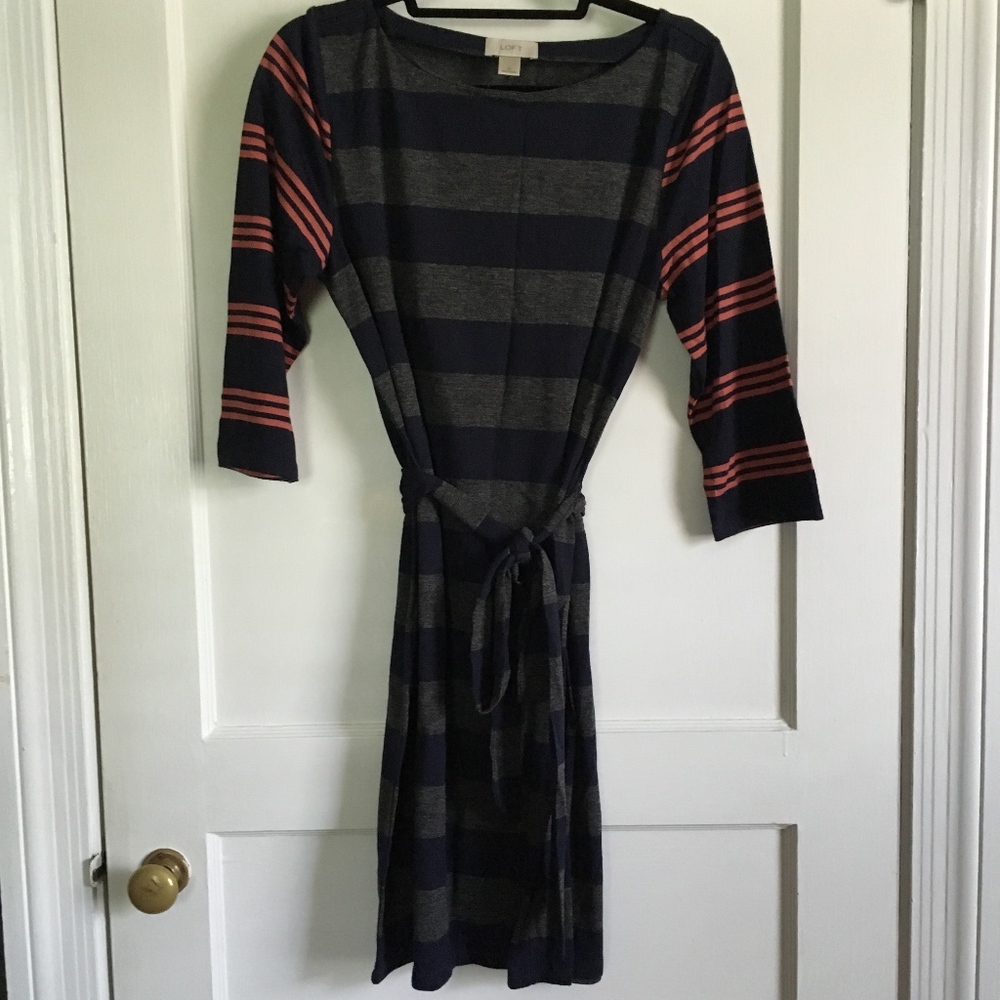 LOFT Striped Dress, Navy/Gray/Orange, 3/4 Sleeves